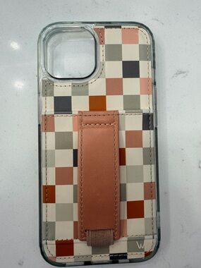 Walli case for iPhone 15, checkered pattern with wallet and loop.